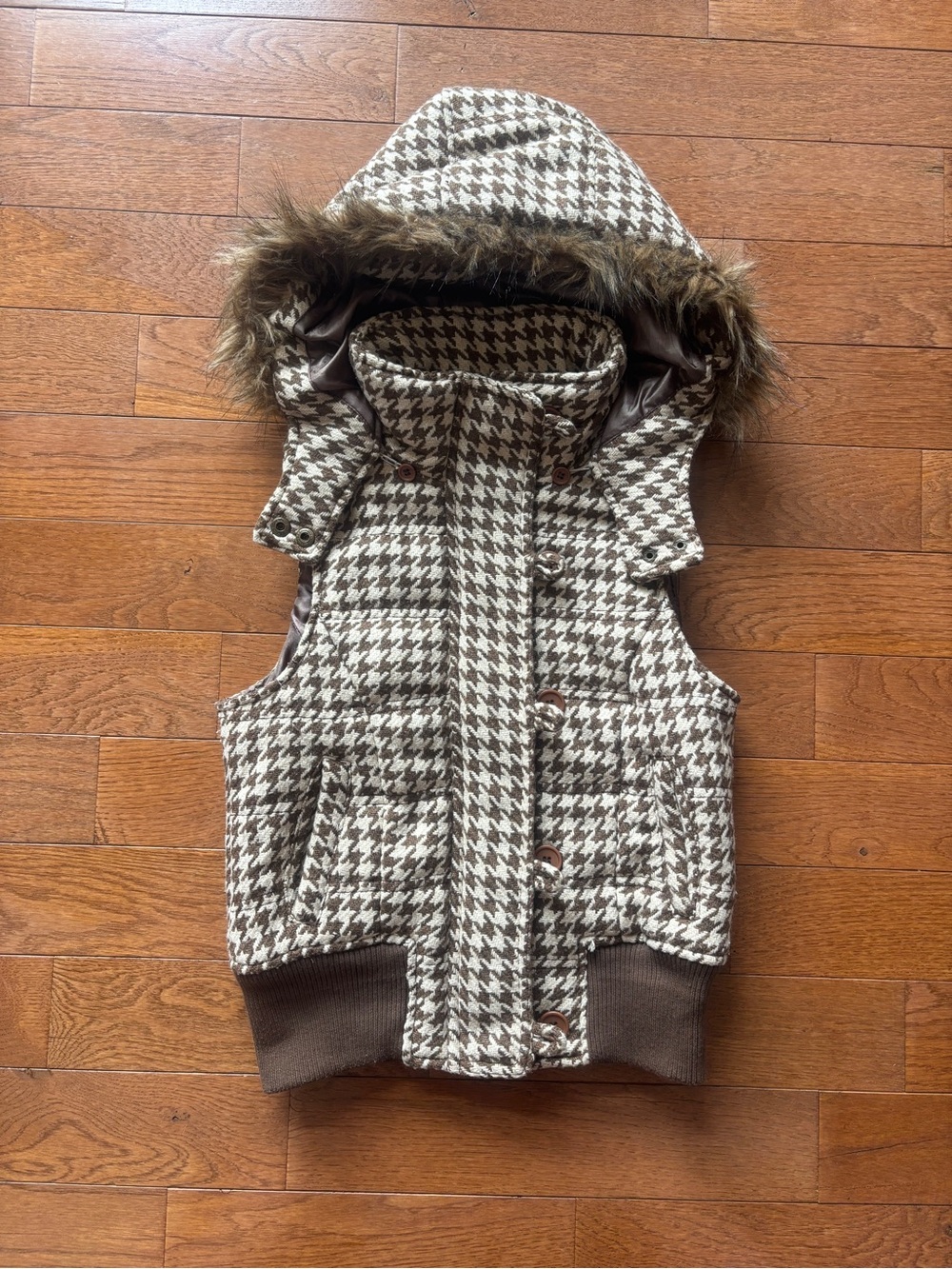 Urban Behavior Y2K Brown & Cream Houndstooth Fur Hooded Puffer Vest